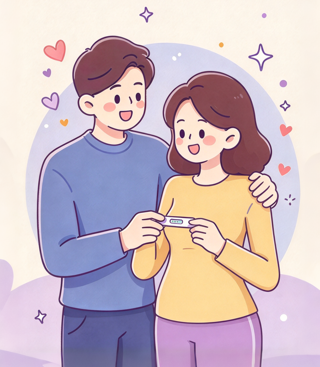 Illustration of a couple holding a pregnancy test